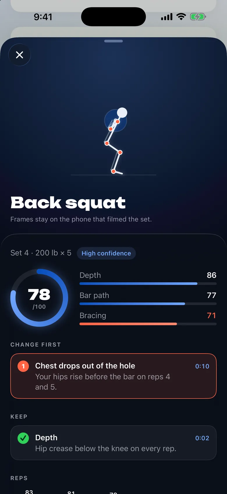 A Form Check report for a back squat, scored 78 out of 100, with depth, bar path and bracing scores.