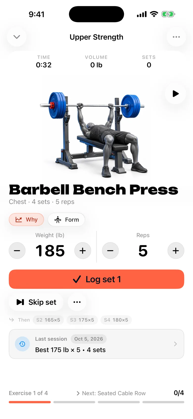 The set logger for Barbell Bench Press at 185 pounds for 5 reps, with the Log set 1 button.