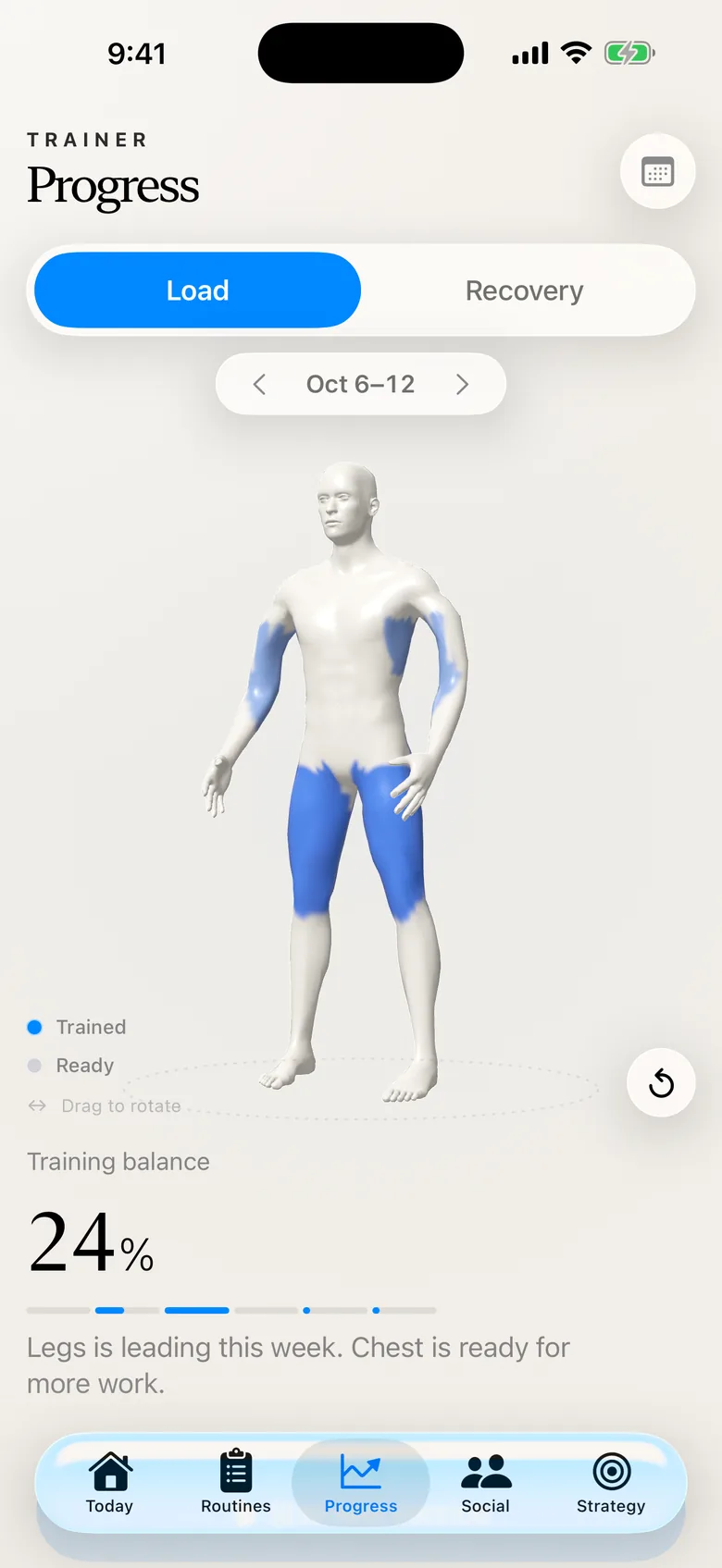Trainer's Progress tab: a 3D body with the trained muscles in blue, and a training balance of 24 percent.