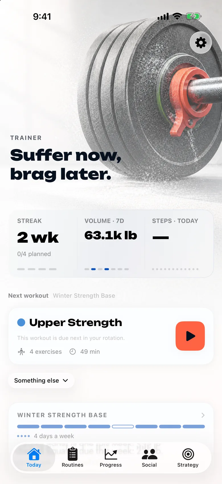 Trainer's Today screen: a two week streak, 63.1 thousand pounds of volume this week, and Upper Strength as the next workout.