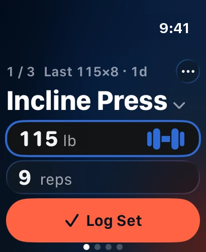 The Trainer Apple Watch app logging Incline Press: 115 pounds, 9 reps, and a Log Set button.